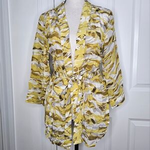 AllSaints Yellow White & Brown Abstract Print Tie-Front Kimono
